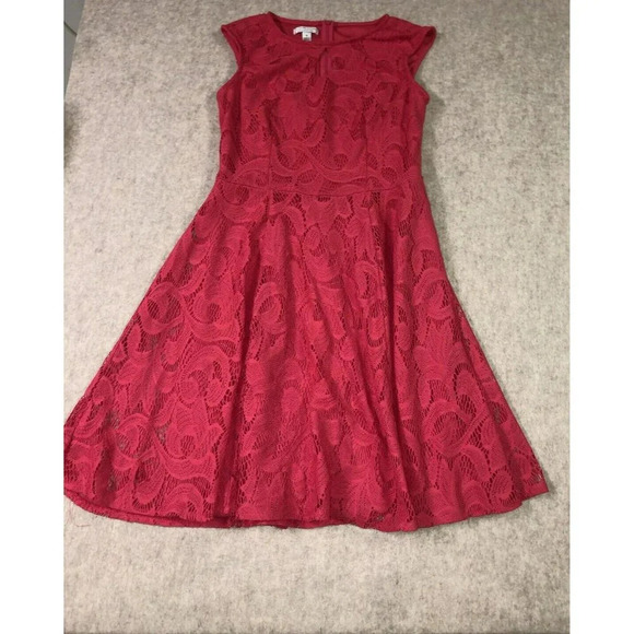 London Style Collection Dress Womens 8 Dark Pink Lace Overlay Fit & Flare - Picture 13 of 13